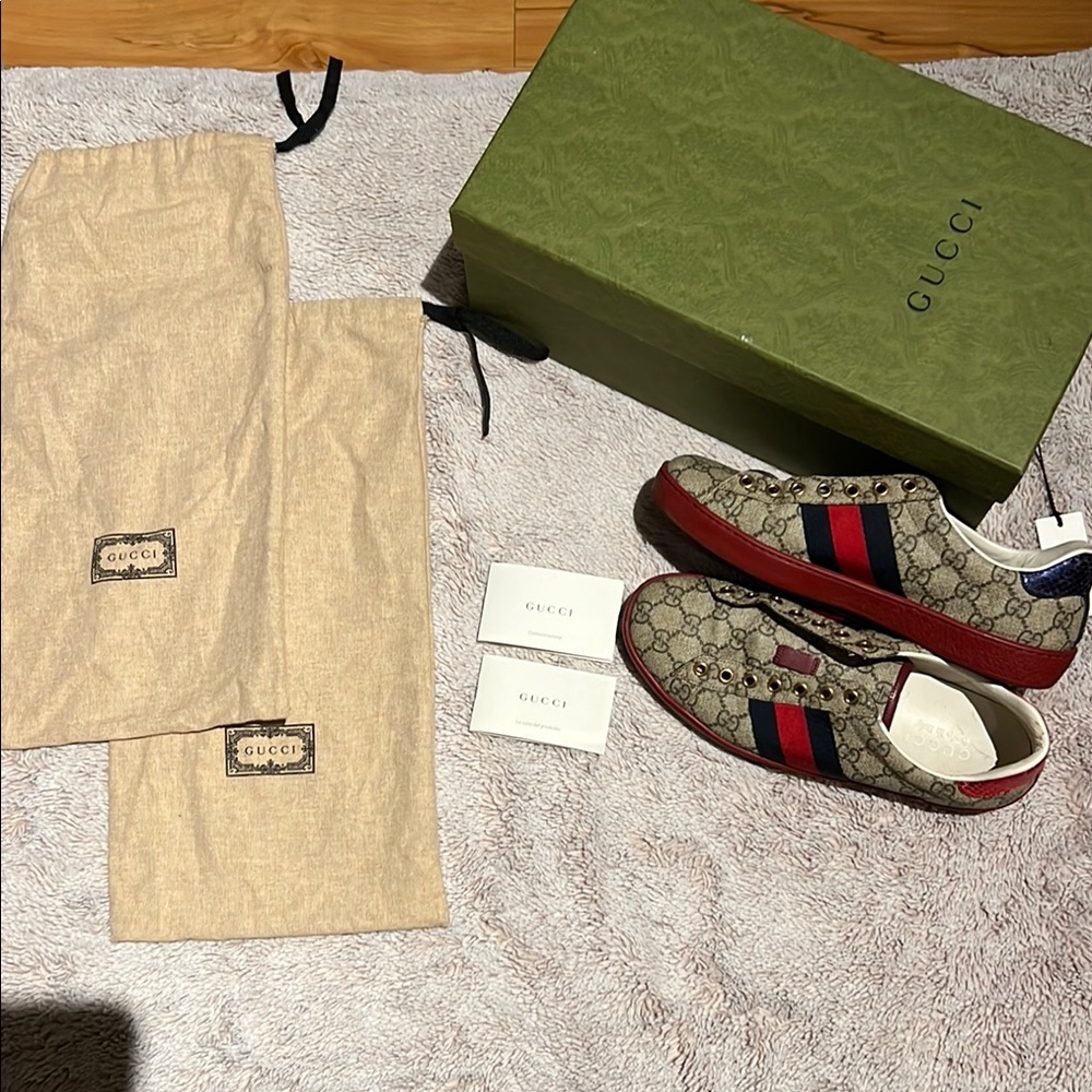 Gucci Beige and Red Patterned Sneakers